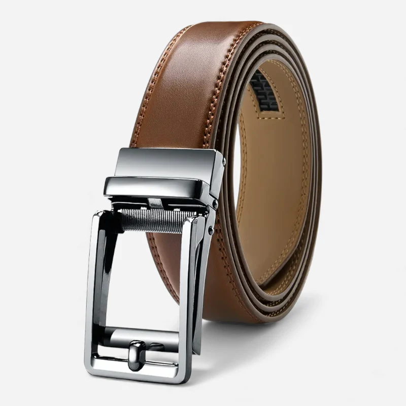 Ceinture Cuir Marron Boucle Automatique Argentée Homme – Image 2