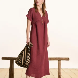 Robe longue ample en lin marron manches courtes