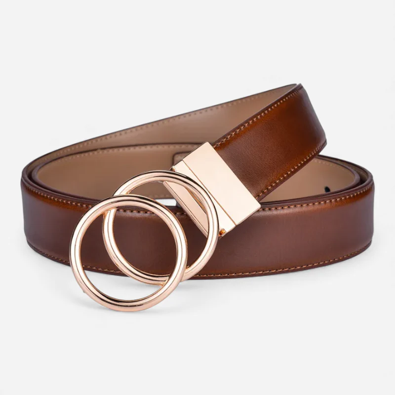 Ceinture Réversible En Cuir Premium Marron et Beige Anneaux Dorés Femme - Réversible 2 en 1 – Image 2
